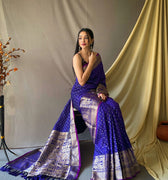  BLUE Soft Silk Saree Is Having Checks Silver And Gold Zari Weaves Saree 2