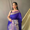  BLUE Soft Silk Saree Is Having Checks Silver And Gold Zari Weaves Saree 1