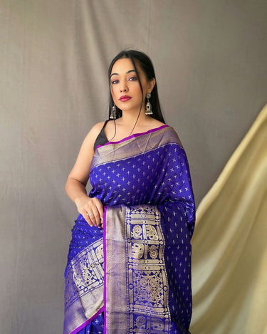  BLUE Soft Silk Saree Is Having Checks Silver And Gold Zari Weaves Saree 1