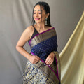 NAVY BLUE  Soft Silk Saree Is Having Checks Silver And Gold Zari Weaves Saree  1