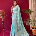 SKY BLUE Pure linen Weaving saree