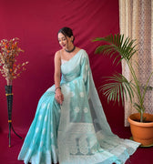 SKY BLUE Pure linen Weaving saree 2