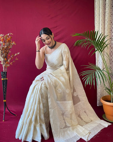 OFF WHITE   Pure linen Weaving saree 2