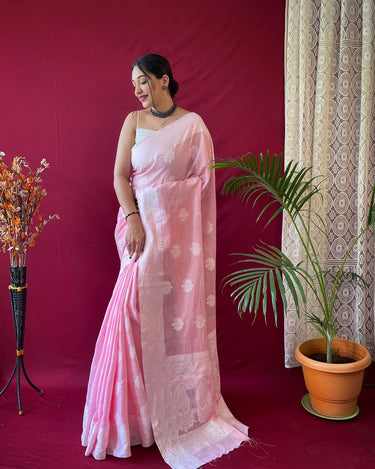 PINK   Pure linen Weaving saree 