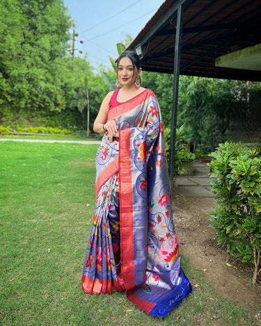 Blue Colour PURE PAITHANI SAREE WITH ALL-OVER ZARI AND MEENAKARI WEAVES