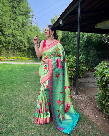 PERROT GREEN Colour PURE PAITHANI SAREE WITH ALL-OVER ZARI AND MEENAKARI WEAVES