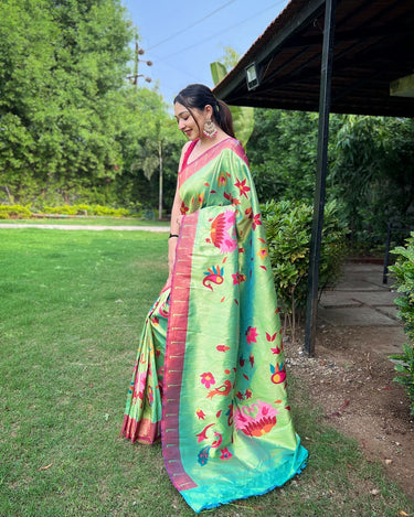 PERROT GREEN PURE PAITHANI SAREE WITH ALL-OVER ZARI AND MEENAKARI WEAVES 2