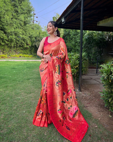 RED COLOUR PURE PAITHANI SAREE WITH ALL-OVER ZARI AND MEENAKARI WEAVES