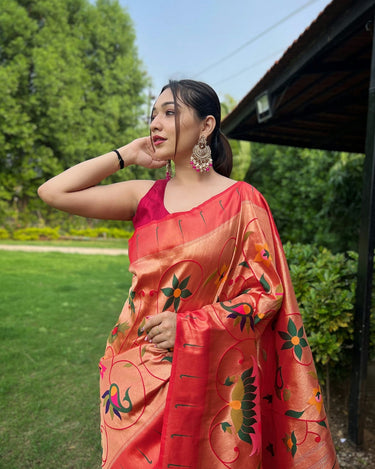 RED COLOUR PURE PAITHANI SAREE WITH ALL-OVER ZARI AND MEENAKARI WEAVES 1