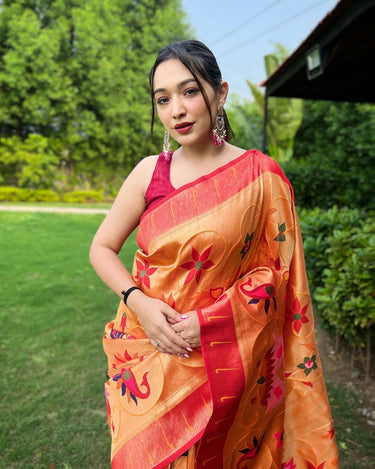 ORANGE PURE PAITHANI SAREE WITH ALL-OVER ZARI AND MEENAKARI WEAVES 1