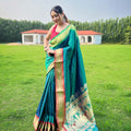 TEAL  BLUE ganga jamuna border in combination with paithani weaving sarees