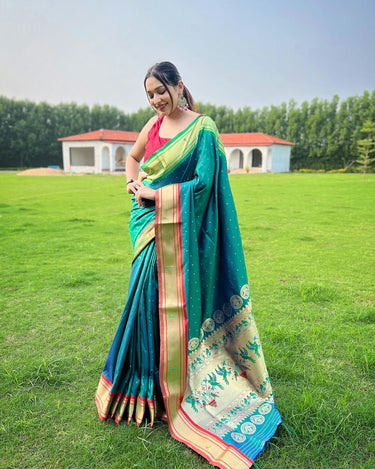 TEAL  BLUE ganga jamuna border in combination with paithani weaving sarees