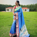 SKY   BLUE ganga jamuna border in combination with paithani weaving sarees 