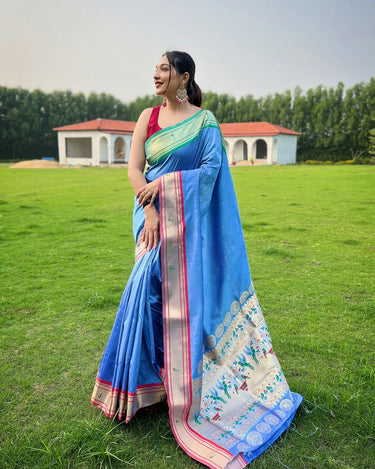 SKY   BLUE ganga jamuna border in combination with paithani weaving sarees 