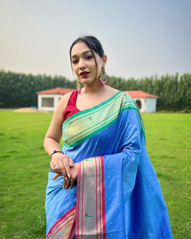 SKY   BLUE ganga jamuna border in combination with paithani weaving sarees  1