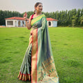 GREEN ganga jamuna border in combination with paithani weaving sarees 