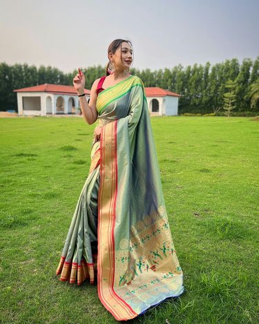 GREEN ganga jamuna border in combination with paithani weaving sarees 