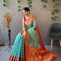 TEAL BLUE pure organza weaved saree with Jacquard border. 2
