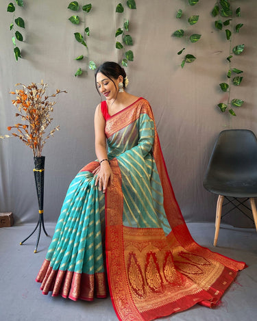 TEAL BLUE pure organza weaved saree with Jacquard border. 2