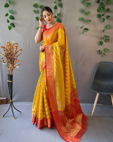 YELLOW  pure organza weaved saree with Jacquard border. 