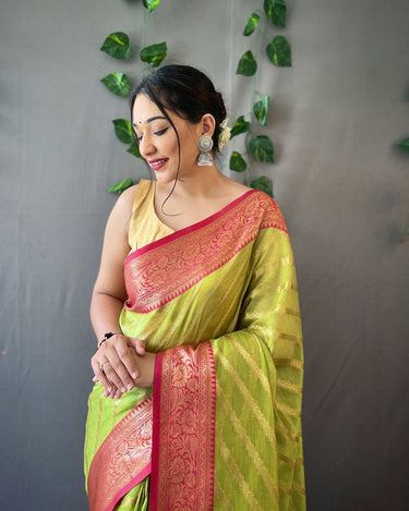 PERROT GREEN  pure organza weaved saree with Jacquard border 1