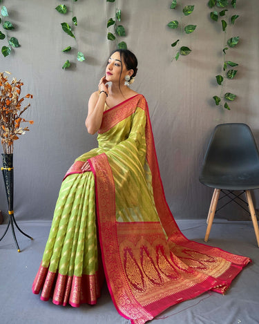 PERROT GREEN  pure organza weaved saree with Jacquard border 2