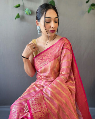 PEACH   pure organza weaved saree with Jacquard border 1