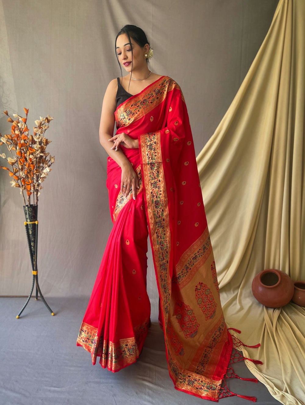  RED beautiful Paithani Soft Silk With minakari zari border saree