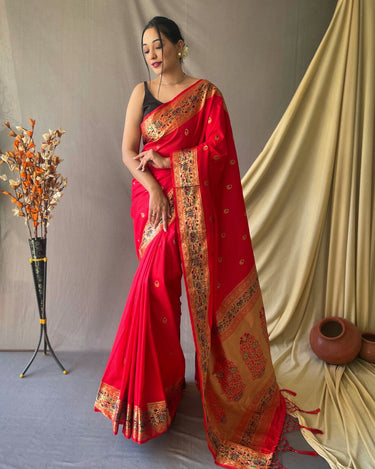  RED beautiful Paithani Soft Silk With minakari zari border saree