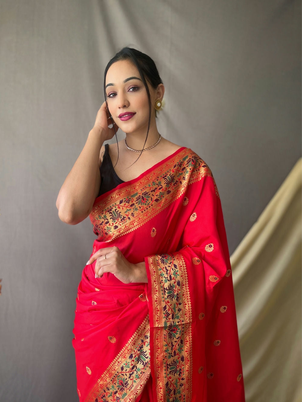  RED beautiful Paithani Soft Silk With minakari zari border saree 1