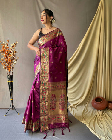 WINE  beautiful Paithani Soft Silk With minakari zari border saree