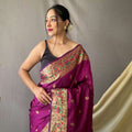 WINE  beautiful Paithani Soft Silk With minakari zari border saree 1