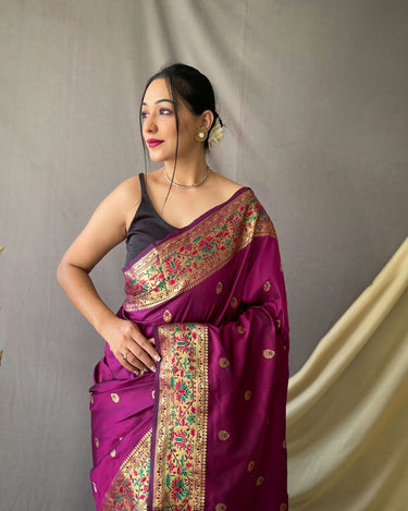 WINE  beautiful Paithani Soft Silk With minakari zari border saree 1