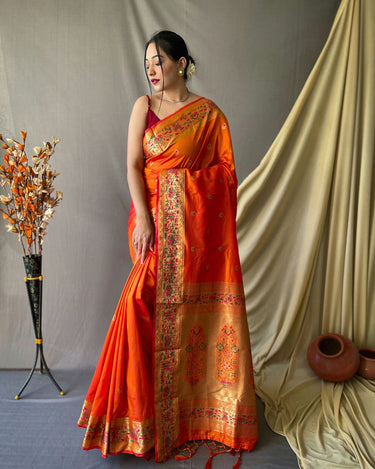 ORANGE beautiful Paithani Soft Silk With minakari zari border saree 
