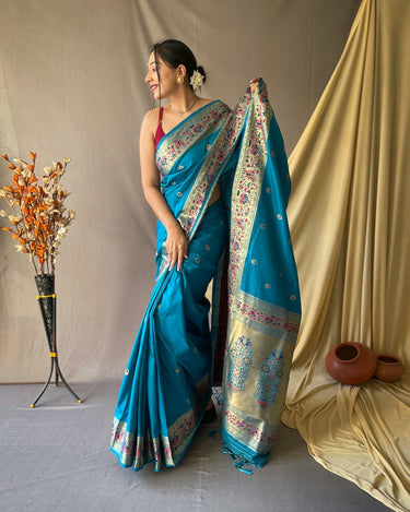 TEAL BLUE  beautiful Paithani Soft Silk With minakari zari border saree 