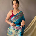 TEAL BLUE  beautiful Paithani Soft Silk With minakari zari border saree  1