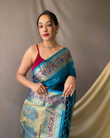 TEAL BLUE  beautiful Paithani Soft Silk With minakari zari border saree  1