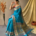 TEAL BLUE  beautiful Paithani Soft Silk With minakari zari border saree  2