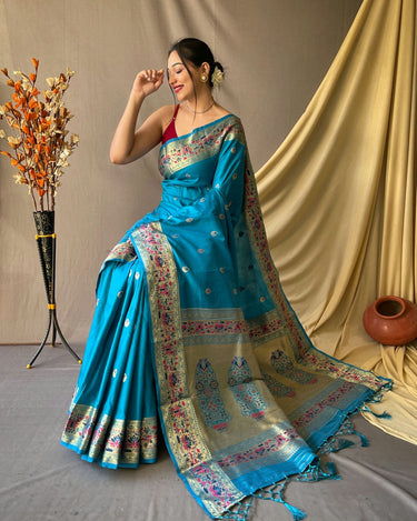 TEAL BLUE  beautiful Paithani Soft Silk With minakari zari border saree  2