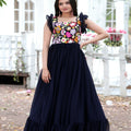 Navy Blue Colour Faux Blooming Sleeveless Gown