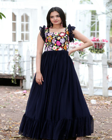 Navy Blue Colour Faux Blooming Sleeveless Gown