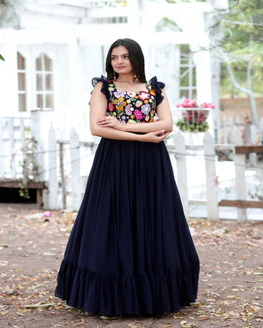 Navy Blue Colour Faux Blooming Sleeveless Gown 2