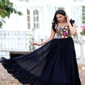 Navy Blue Colour Faux Blooming Sleeveless Gown 4