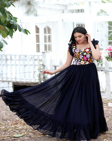 Navy Blue Colour Faux Blooming Sleeveless Gown 4