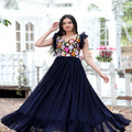 Navy Blue Colour Faux Blooming Sleeveless Gown 3