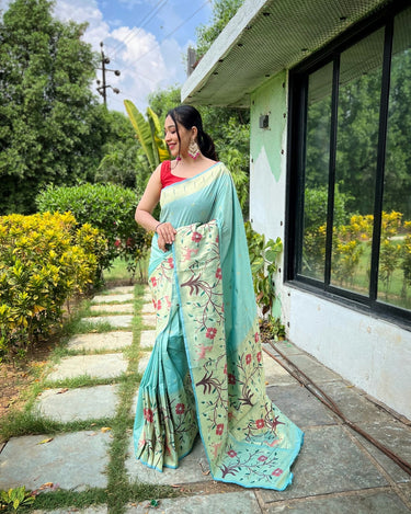 SEA BLUE  PURE PAITHANI SILKGREE SAREE 