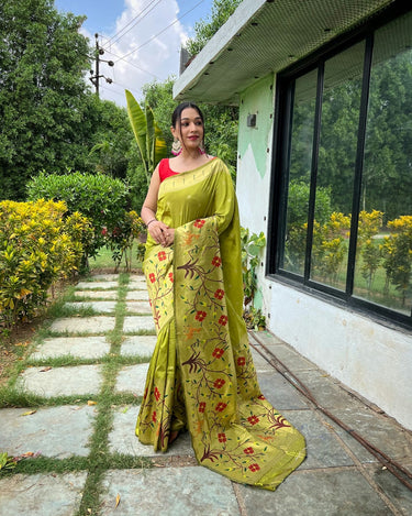 OLIVE  GREEN PURE PAITHANI SILKGREE SAREE  