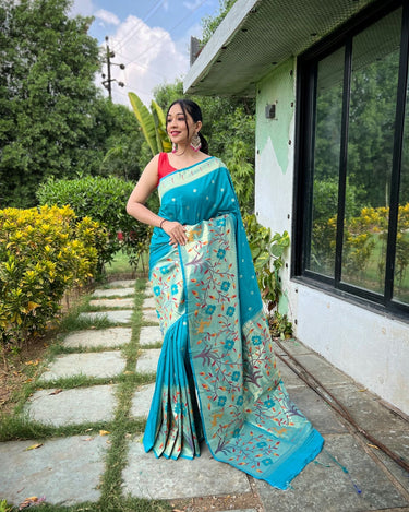 SKY BLUE  PURE PAITHANI SILKGREE SAREE  