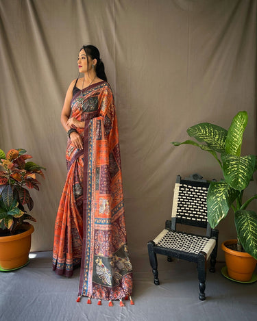 ORANGE SOFT COTTON KALAMKARI PRINTS SAREE 