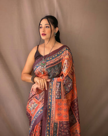 ORANGE SOFT COTTON KALAMKARI PRINTS SAREE  1